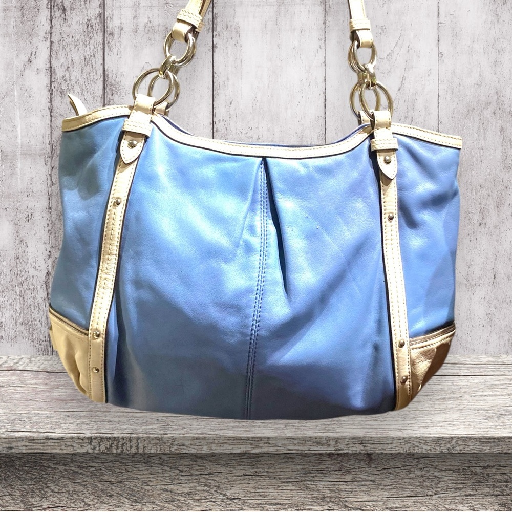 COACH Vintage Alexandra Chain Lt Blue & Cream Leather Large Tote HandBag F20812 - Picture 3 of 12